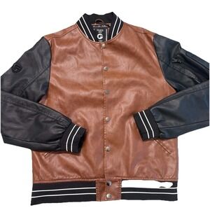 FRIED Denim Leather Varsity Jacket Tan Black Mens M Snap NWT Bomber